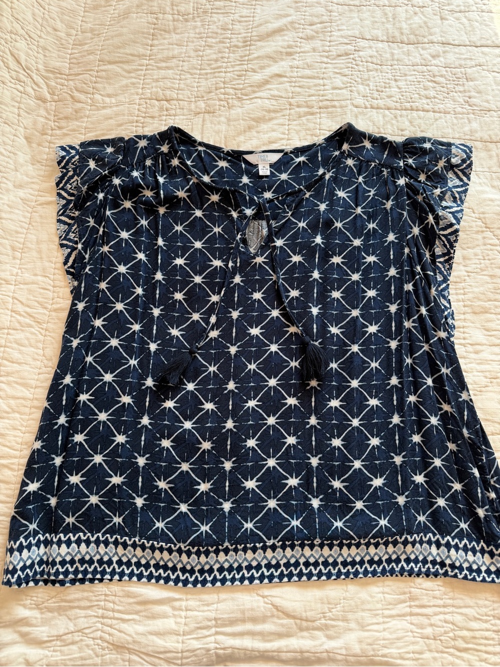 Time and Tru Navy and White Star-Print Tie-Neck Blouse